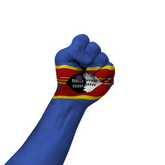 Hand making victory sign, swaziland painted with flag as symbol of victory, resistance, fight,...