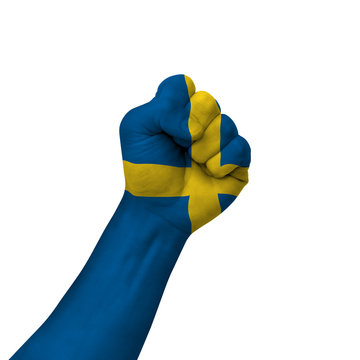 Hand making victory sign, sweden painted with flag as symbol of victory, resistance, fight, power, protest, success - isolated on white background