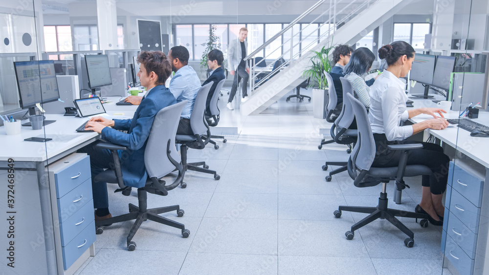 Poster Diverse Team of Business Managers and Specialists Work on Desktop Computers with Two Rows of Tables Side by Side. Young and Motivated Business people in Modern Open Office.
