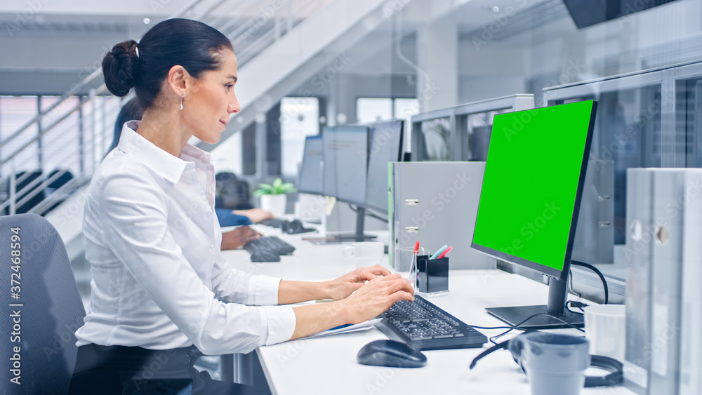 Aufkleber Young Handsome Female Manager Works on a Desktop Computer with Green Screen Mock Up. Diverse and Motivated Business People Work on Computers in Modern Open Office.