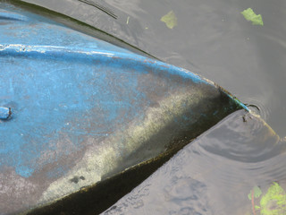 blue polyester boat laying upside down in the water