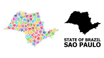 Vector Collage Map of Sao Paulo State of Psychedelic Weed Leaves and Solid Map