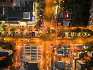aerial view to crossroads with car lights at long exposure