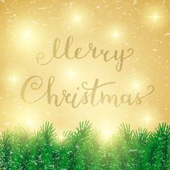 Merry Christmas card. Vector illustration. Lettering "Merry Christmas". Winter design with Christmas tree and bright stars. New Year card. 
