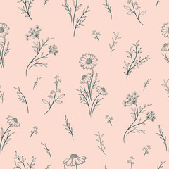 Vintage seamless floral pattern. Spring flowers and herbs. Botanical vector illustration.