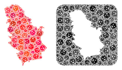 Infection virus map of Serbia collage created with rounded square and subtracted shape. Vector map of Serbia collage of infection virus parts in different sizes and shades.