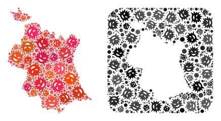 Flu virus map of Valencia Province mosaic created with rounded square and subtracted shape. Vector map of Valencia Province mosaic of virus items in different sizes and color tints.