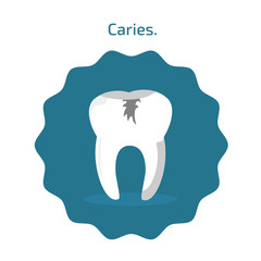 Tooth with caries. Dental icons on blue background. Flat Vector illustration for dentistry. Icon web button isolated.