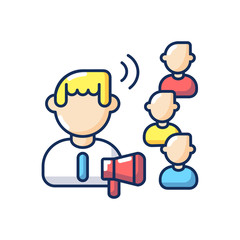 Influencing skills RGB color icon. Public announcement, customer attraction, marketing campaign. Influencer with megaphone and followers isolated vector illustration