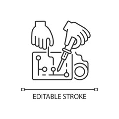 Hobby electronics linear icon. Work on engineering project. Technician repair analog controller. Thin line customizable illustration. Contour symbol. Vector isolated outline drawing. Editable stroke