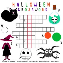 Halloween crossword for kids vector. Funny educational english words game with keyword skeleton. Halloween crossword with black cat, costume, skull, spider, potion, orange, green and  white colors.
