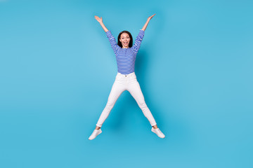 Full length body size view of her she nice attractive lovely overjoyed cheerful cheery funky girl...