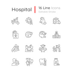 Hospital linear icons set. Walk in clinic. Radiology and cardiology department. ICU. Hospital ward. Customizable thin line contour symbols. Isolated vector outline illustrations. Editable stroke