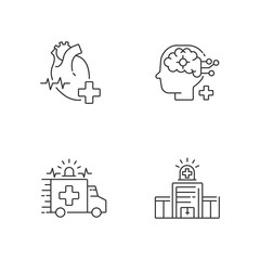 Urgent health care linear icons set. Cardiology consultant. Ambulance. Neurological surgery. Walk in clinic. Customizable thin line contour symbols. Isolated vector outline illustrations