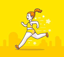 Fototapeta na wymiar Vector color illustration of a beautiful fitness girl training to run on yellow city background.