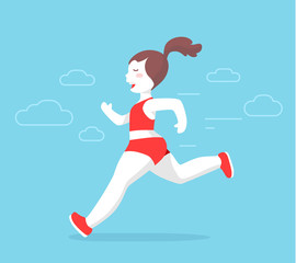 Fototapeta na wymiar Vector color illustration of a beautiful fitness girl is doing a morning run on blue background with cloud.