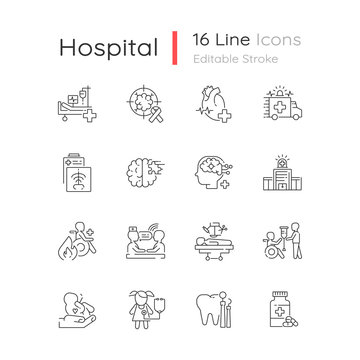 Hospital Linear Icons Set. Walk In Clinic. Radiology And Cardiology Department. ICU. Hospital Ward. Customizable Thin Line Contour Symbols. Isolated Vector Outline Illustrations. Editable Stroke
