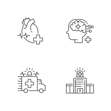 Urgent health care linear icons set. Cardiology consultant. Ambulance. Neurological surgery. Walk in clinic. Customizable thin line contour symbols. Isolated vector outline illustrations