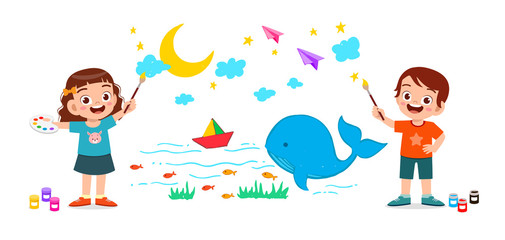 happy cute little kid boy and girl draw with paint on wall together