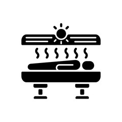 Tanning black glyph icon. Solarium. Indoor tanning and sunbathing. Sunbed. Spa salon tanning machines for procedures. Silhouette symbol on white space. Vector isolated illustration
