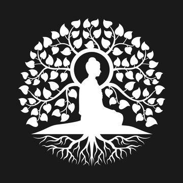 White side view Buddha Meditation under bodhi tree with leaf and root abstract circle style vector design