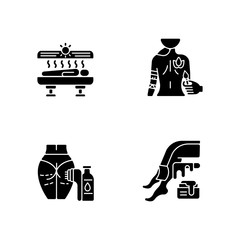 Body care black glyph icons set on white space. Tanning. Body painting. Laser hair removal. Waxing. Solarium machine. Body art. Sugaring. Silhouette symbols. Vector isolated illustration