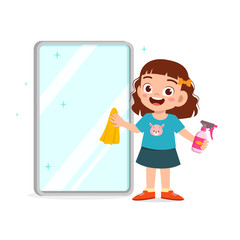 happy cute little kid boy and girl do chores cleaning mirror