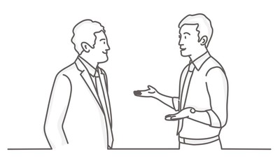 Two men talking. Business partners negotiations. Line drawing vector illustration.