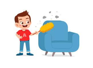 happy cute little kid boy and girl do chores cleaning chair