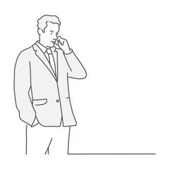 Businessman talking on a mobile phone. Line drawing vector illustration.