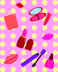 Colorful, cartoon pattern with different cosmetics
