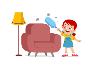 happy cute little kid boy and girl do chores cleaning chair