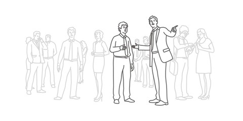 Businessman point finger at something against crowd background. Line drawing vector illustration.