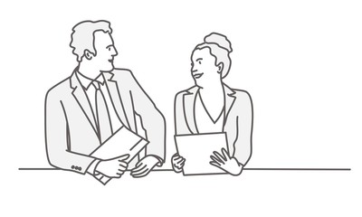 Business man and woman talking to each other. Line drawing vector illustration.