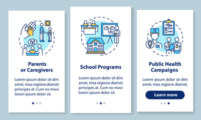 School program on sex ed onboarding mobile app page screen with concepts. Public health campaign walkthrough 3 steps graphic instructions. UI vector template with RGB color illustrations
