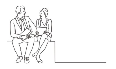Man and woman sitting on a cube together. Business partners discussing work. Line drawing vector illustration.