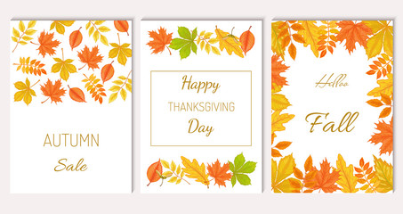 Vector autumn card template collection with yellow and red leaves. Oak, maple, rowan, horse chestnut