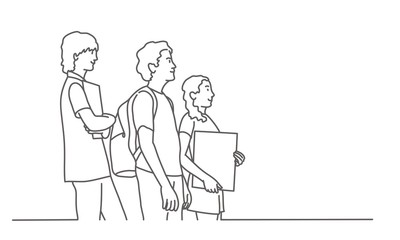 Teenagers stand behind each other. Line drawing vector illustration.