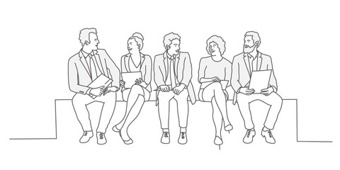 Group of business people sitting in a line. Line drawing vector illustration.