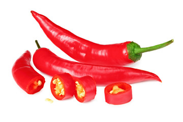 sliced red hot chili peppers isolated on white background
