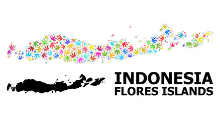 Vector Collage Map of Indonesia - Flores Islands of Colored Cannabis Leaves and Solid Map