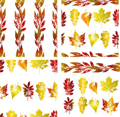 Vector set from tree autumn seamless patterns with endless line ornament using oak, maple, rowan,birch leaves prints. Elements for design textile, wallpaper, wrapping paper, cards, posters.
