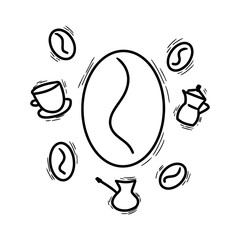 Coofee theme. Illustration in the Doodle style. Methods of making coffee. Cup. To go. Turk for making coffee. Geyser coffeemaker. Coffee beans. Vector illustration.