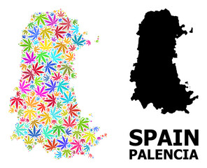 Obraz premium Vector Mosaic Map of Palencia Province of Psychedelic Weed Leaves and Solid Map