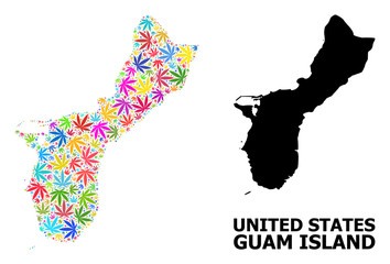 Vector Mosaic Map of Guam Island of Bright Hemp Leaves and Solid Map