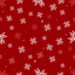 White round and ornamental snowflakes on a red background. Seamless pattern. Christmas theme. Holiday time. New year's texture. For wallpaper, postcards, textiles, and design. Vector illustration.