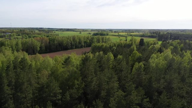 aerial view of green forest treetops and countryside landscape