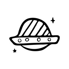 Flying saucer. UFO. Hand drawn sketch. Use for postcard, poster, banner, web design and print on a t-shirt. Vector illustration.