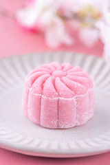 Obraz na płótnie Canvas Colorful snow skin moon cake, sweet snowy mooncake, traditional savory dessert for Mid-Autumn Festival on pastel pale pink background, close up, lifestyle.