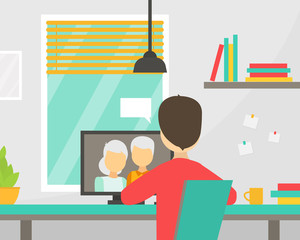 Grandparents Calling Son from Laptop, Remote Communication with Relatives. Person Sitting in front of Computer Talking to Elderly Parents by Video Call Vector Illustration